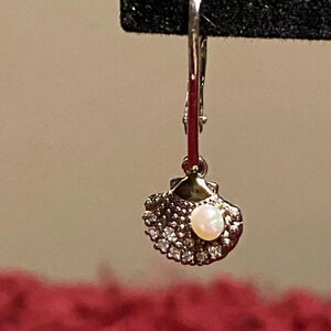 Macys oysters shape Sterling silver earrings with small pearl and CZ